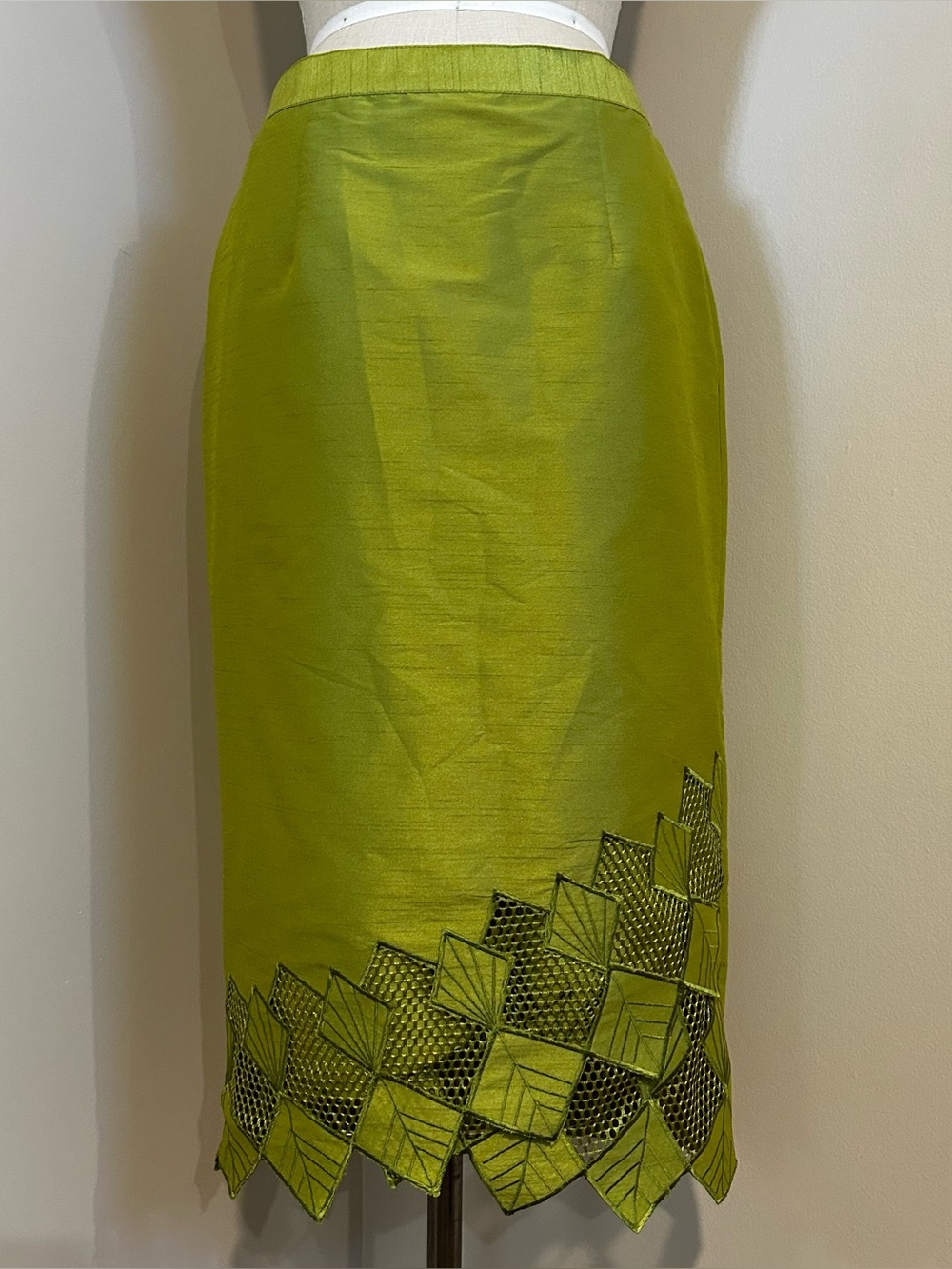 VTG 90s Ashro Lime Green Skirt Dupioni Geometric Maximalism Pencil Sz 8